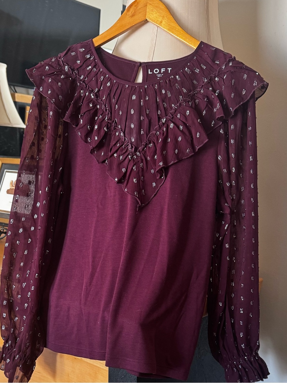 LOFT Women's Plum Ruffled Sheer-Sleeve Blouse